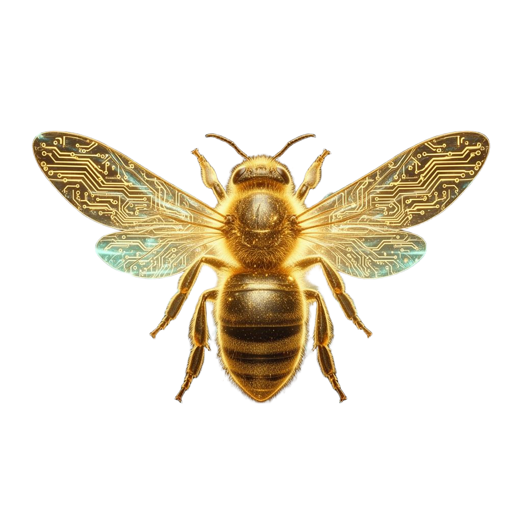 Golden AI bee with circuit-pattern wings — symbol of flying beyond limits